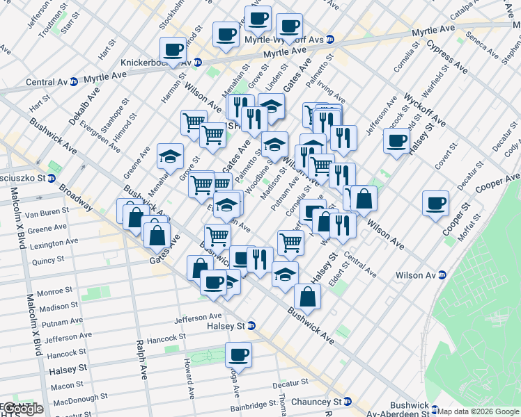 map of restaurants, bars, coffee shops, grocery stores, and more near 1247 Putnam Avenue in Brooklyn