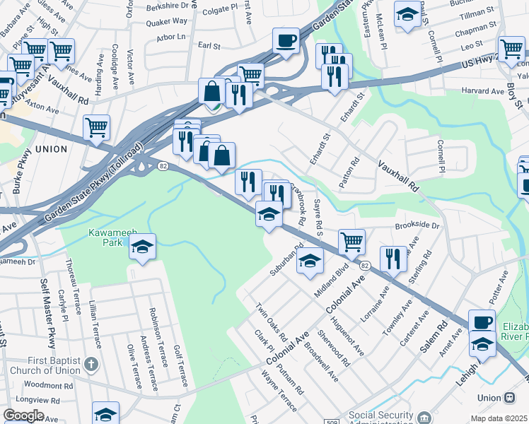 map of restaurants, bars, coffee shops, grocery stores, and more near 1580 Barton Road in Union
