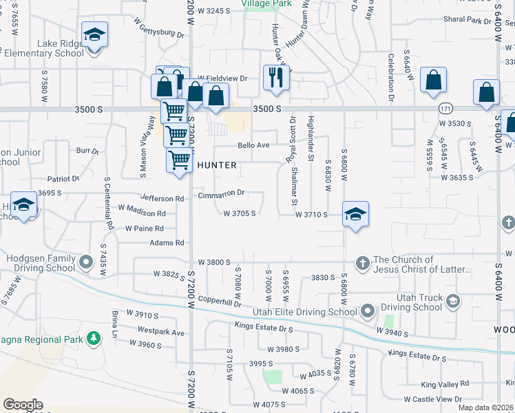 map of restaurants, bars, coffee shops, grocery stores, and more near 3690 Cimmarron Drive in West Valley City
