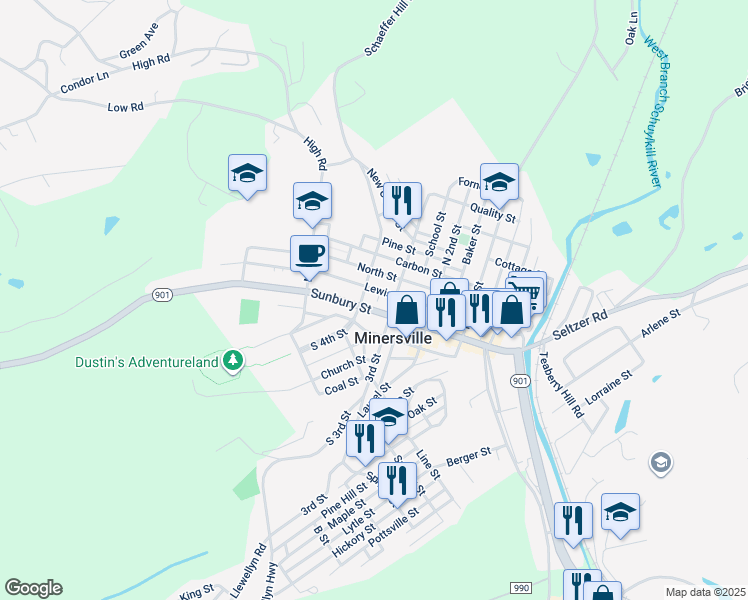 map of restaurants, bars, coffee shops, grocery stores, and more near 328 Sunbury Street in Minersville
