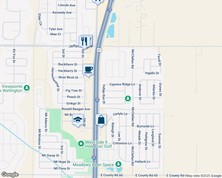 map of restaurants, bars, coffee shops, grocery stores, and more near 4188 Alder Creek Lane in Wellington