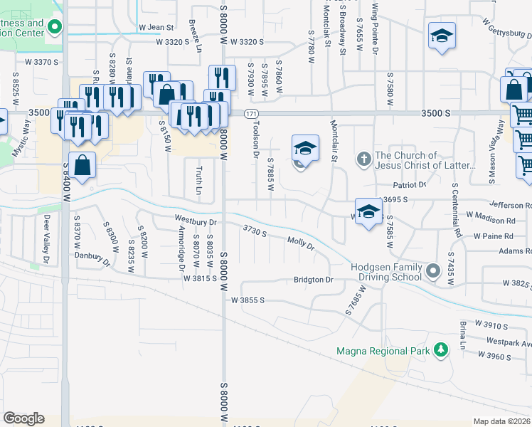 map of restaurants, bars, coffee shops, grocery stores, and more near 3706 South Buckeroo Drive in Magna