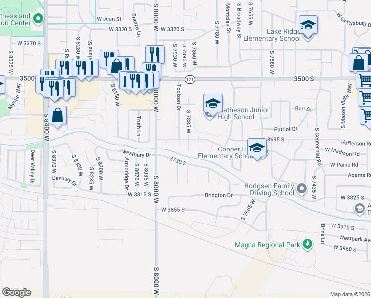 map of restaurants, bars, coffee shops, grocery stores, and more near 3706 South Buckeroo Drive in Magna