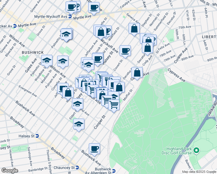 map of restaurants, bars, coffee shops, grocery stores, and more near 830 Knickerbocker Avenue in Brooklyn