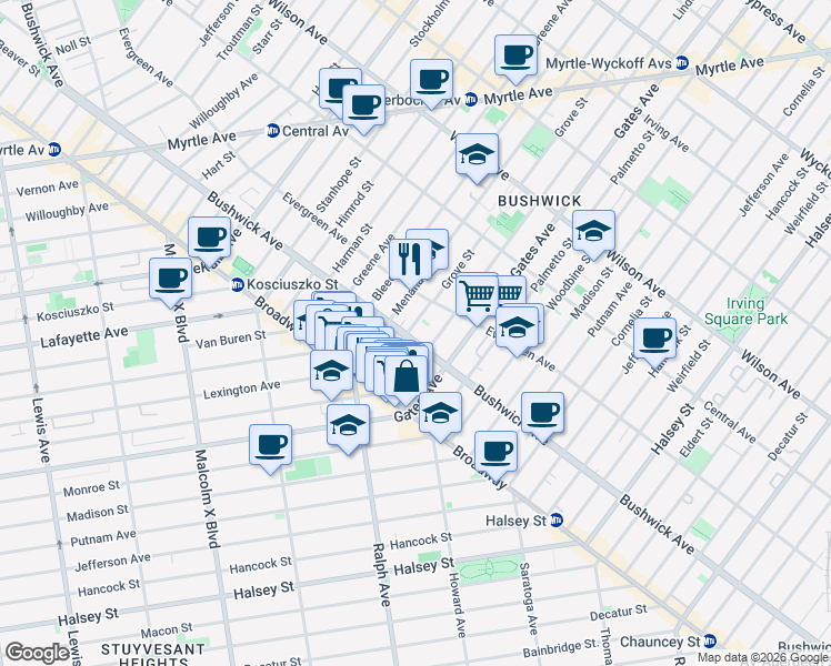 map of restaurants, bars, coffee shops, grocery stores, and more near 68 Grove Street in Brooklyn