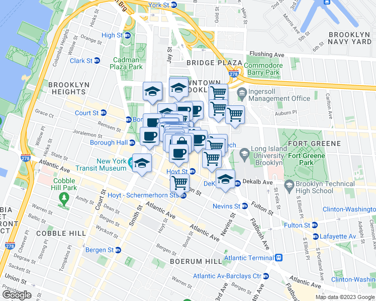 map of restaurants, bars, coffee shops, grocery stores, and more near 68 Willoughby Street in Brooklyn