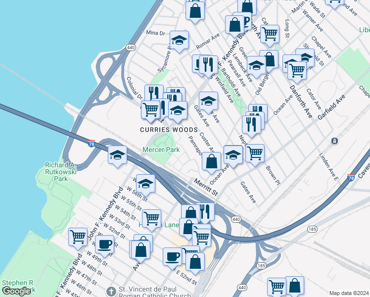 map of restaurants, bars, coffee shops, grocery stores, and more near 84 New Heckman Drive in Jersey City