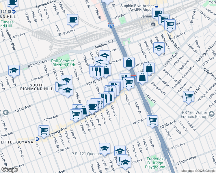 map of restaurants, bars, coffee shops, grocery stores, and more near 101-34 132nd Street in Queens