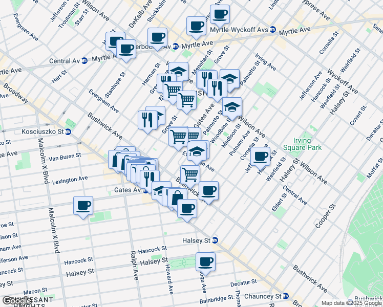 map of restaurants, bars, coffee shops, grocery stores, and more near 94 Palmetto Street in Brooklyn