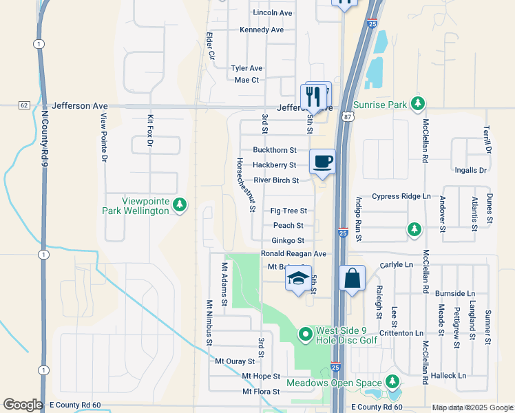 map of restaurants, bars, coffee shops, grocery stores, and more near 7308 Horsechestnut Street in Wellington