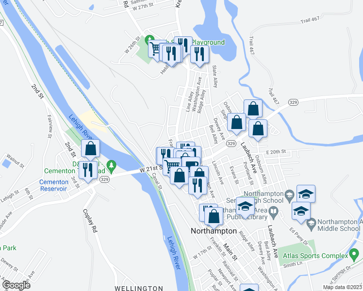 map of restaurants, bars, coffee shops, grocery stores, and more near 2159 Main Street in Northampton