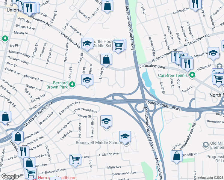 map of restaurants, bars, coffee shops, grocery stores, and more near 1076 Northgate Court South in Uniondale