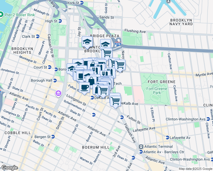 map of restaurants, bars, coffee shops, grocery stores, and more near 138 Willoughby Street in Brooklyn