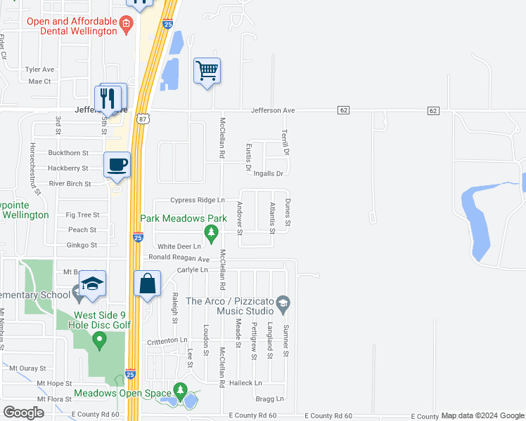 map of restaurants, bars, coffee shops, grocery stores, and more near 7347 Atlantis Street in Wellington