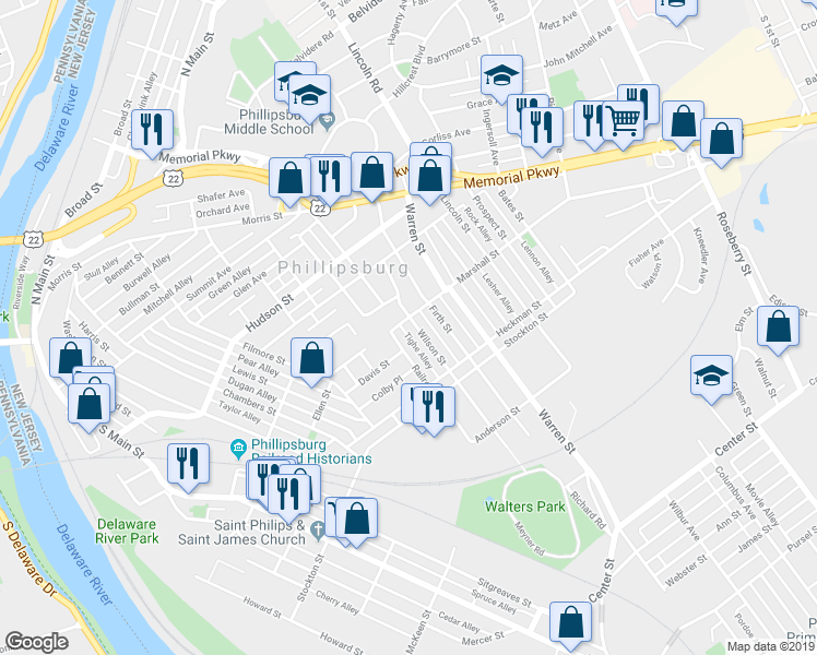 map of restaurants, bars, coffee shops, grocery stores, and more near 6 Wilson Street in Phillipsburg