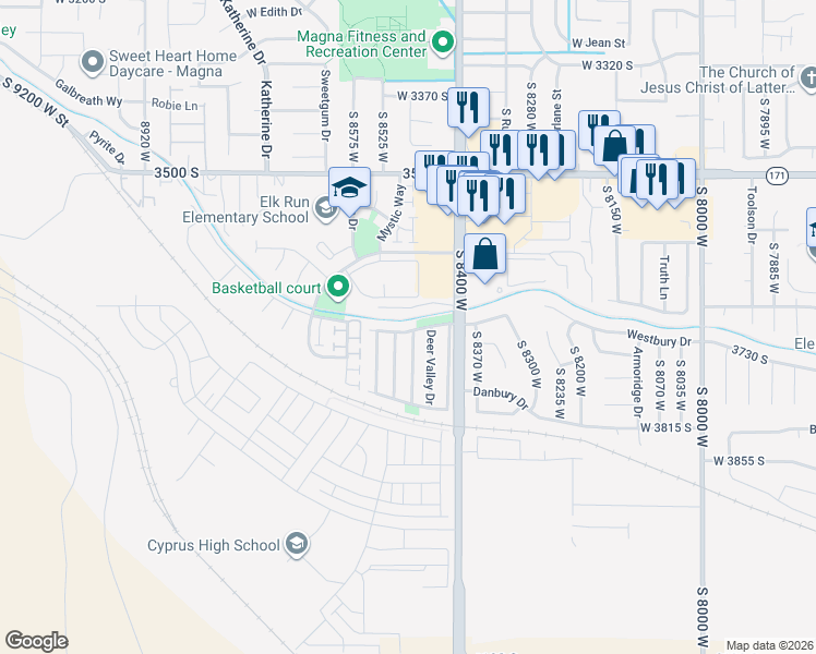 map of restaurants, bars, coffee shops, grocery stores, and more near 8480 Sunset Hills Drive in Magna