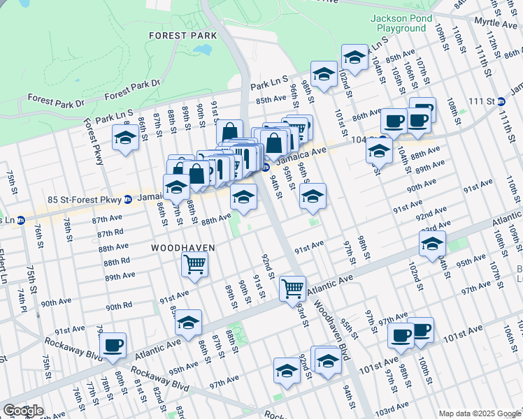 map of restaurants, bars, coffee shops, grocery stores, and more near 9206 88th Avenue in Queens