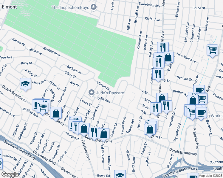 map of restaurants, bars, coffee shops, grocery stores, and more near 1580 Miriam Court in Elmont
