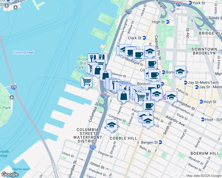 map of restaurants, bars, coffee shops, grocery stores, and more near 54 State Street in Brooklyn