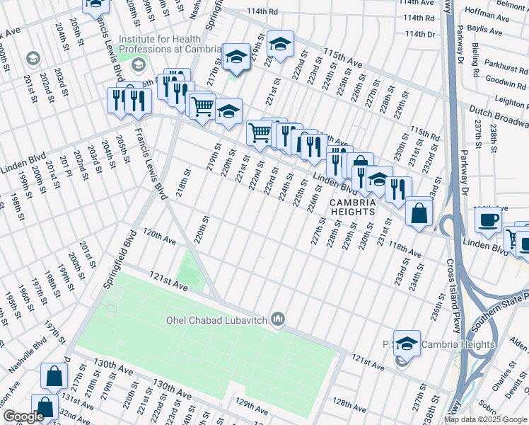 map of restaurants, bars, coffee shops, grocery stores, and more near 118-27 223rd Street in Queens