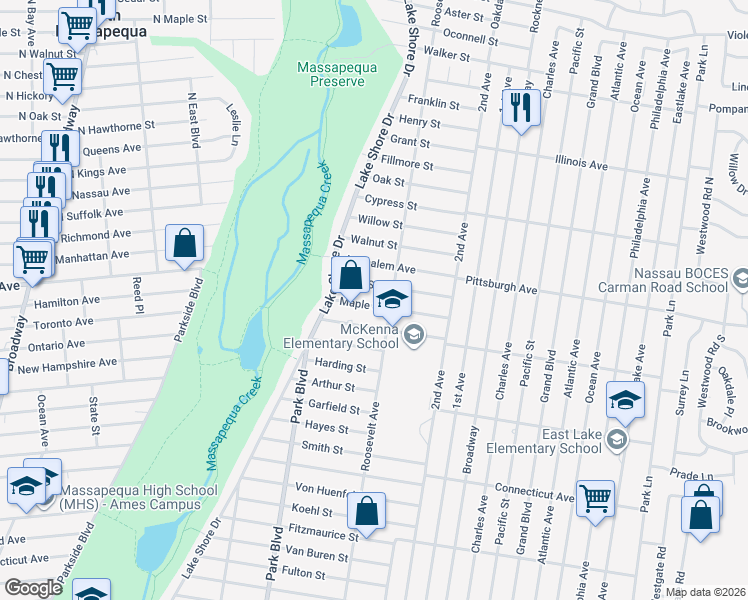 map of restaurants, bars, coffee shops, grocery stores, and more near 151 Maple Street in Massapequa Park
