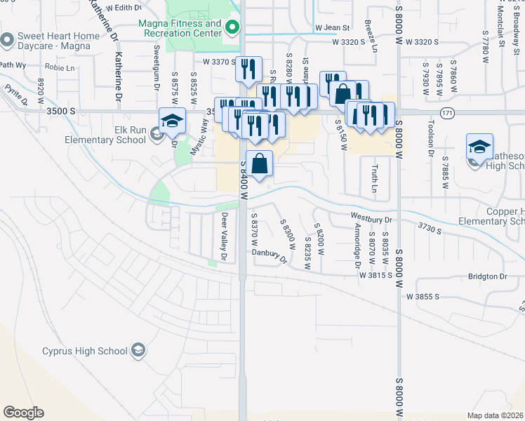 map of restaurants, bars, coffee shops, grocery stores, and more near 8327 West 3680 South in Magna