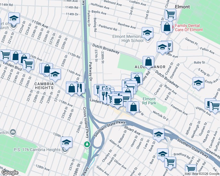 map of restaurants, bars, coffee shops, grocery stores, and more near 23824 116th Avenue in Elmont