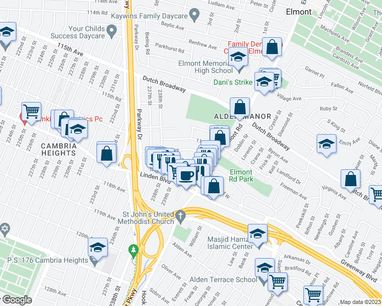 map of restaurants, bars, coffee shops, grocery stores, and more near 23864 116th Avenue in Elmont