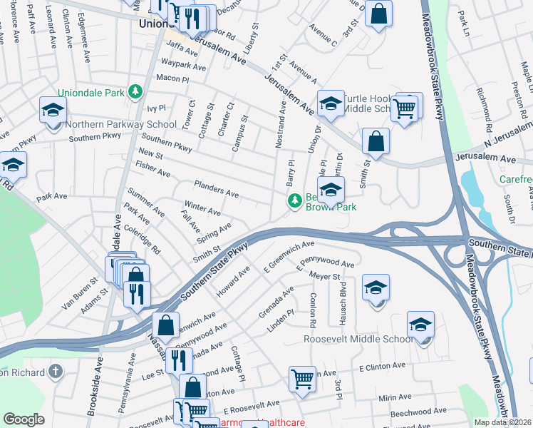 map of restaurants, bars, coffee shops, grocery stores, and more near 828 Nostrand Avenue in Uniondale