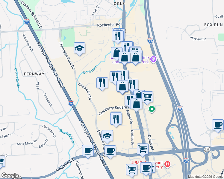 map of restaurants, bars, coffee shops, grocery stores, and more near 105 Brandt Drive in Cranberry Township