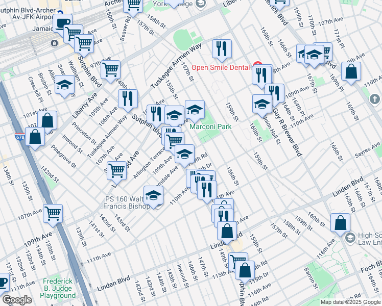 map of restaurants, bars, coffee shops, grocery stores, and more near 109-01 153rd Street in Queens