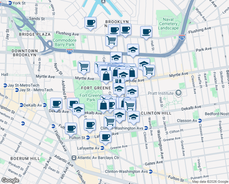 map of restaurants, bars, coffee shops, grocery stores, and more near 192 Adelphi Street in Brooklyn
