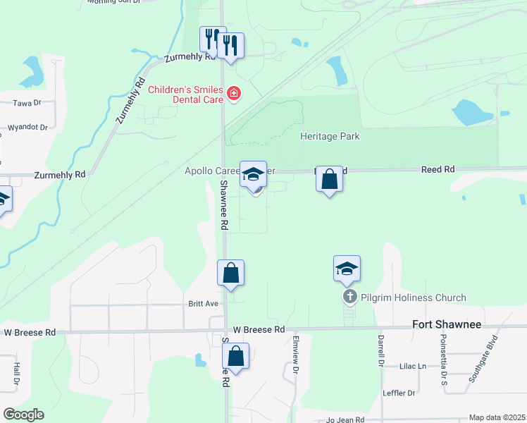 map of restaurants, bars, coffee shops, grocery stores, and more near 3325 Shawnee Road in Lima