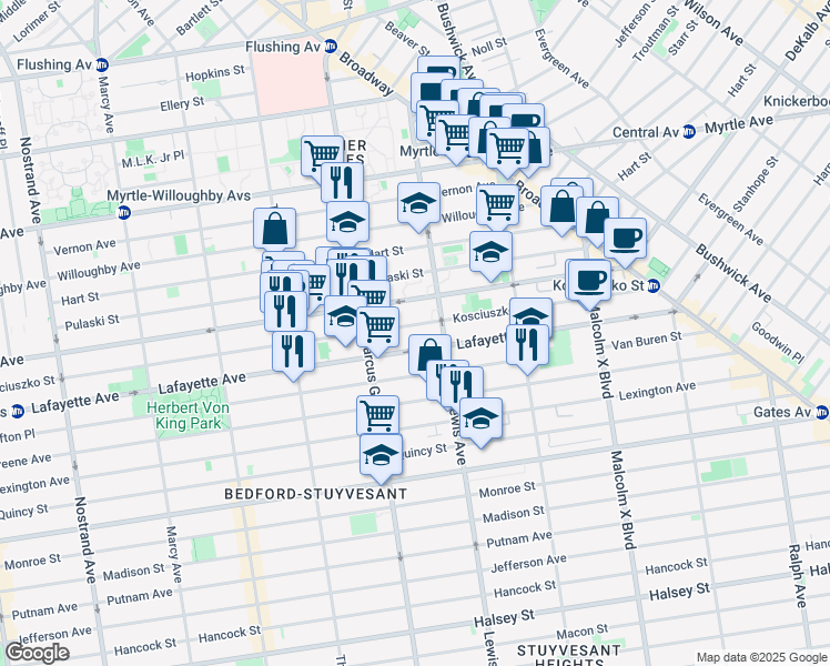 map of restaurants, bars, coffee shops, grocery stores, and more near 408 Kosciuszko Street in Brooklyn