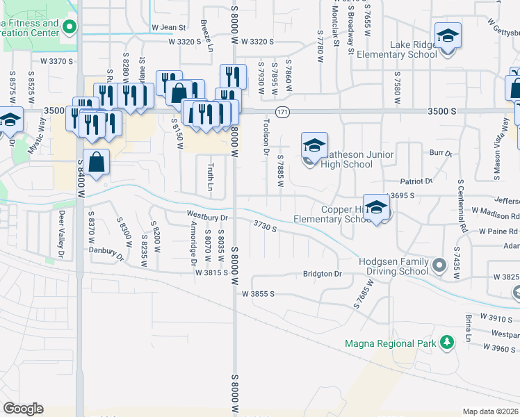 map of restaurants, bars, coffee shops, grocery stores, and more near 3703 Shotgun Circle in Magna