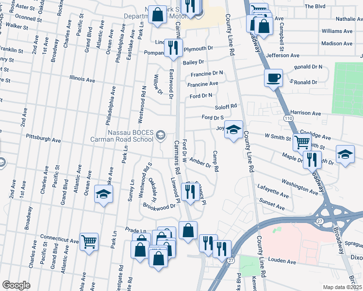 map of restaurants, bars, coffee shops, grocery stores, and more near 1 North Gate in Massapequa