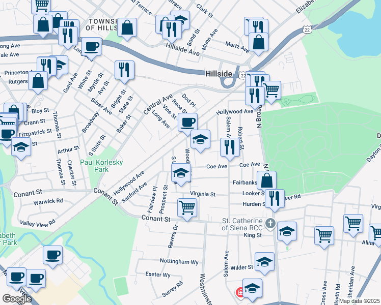 map of restaurants, bars, coffee shops, grocery stores, and more near 1225 Woodruff Avenue in Hillside
