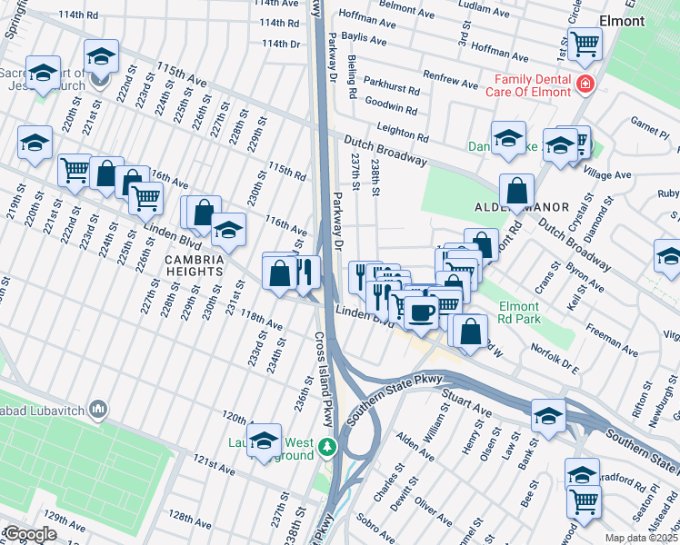 map of restaurants, bars, coffee shops, grocery stores, and more near 11603 Parkway Drive in Elmont