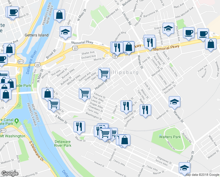 map of restaurants, bars, coffee shops, grocery stores, and more near 208 Irwin Street in Phillipsburg