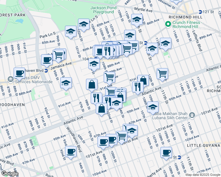 map of restaurants, bars, coffee shops, grocery stores, and more near 91-08 104th Street in Queens