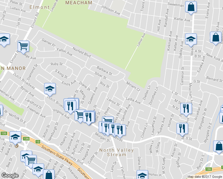 map of restaurants, bars, coffee shops, grocery stores, and more near 147 Opal Street in Elmont