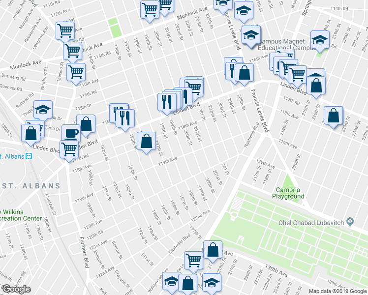 map of restaurants, bars, coffee shops, grocery stores, and more near 118-45 199th Street in Queens