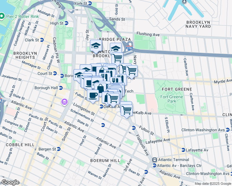 map of restaurants, bars, coffee shops, grocery stores, and more near 138 Willoughby Street in Brooklyn