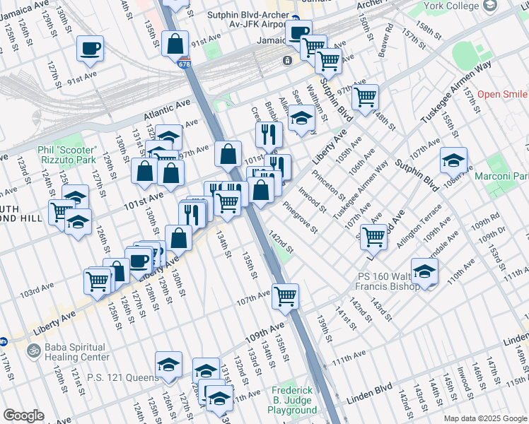 map of restaurants, bars, coffee shops, grocery stores, and more near 103-02 Remington Street in Queens
