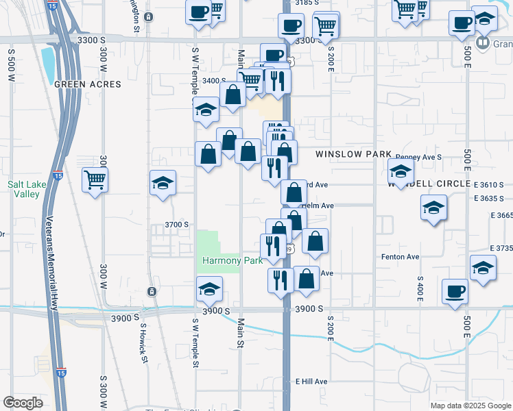 map of restaurants, bars, coffee shops, grocery stores, and more near 3651 South Main Street in South Salt Lake