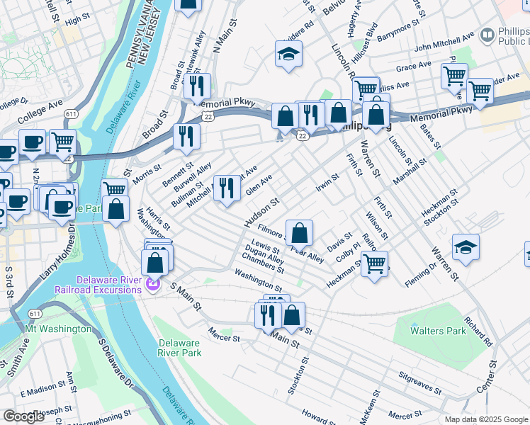 map of restaurants, bars, coffee shops, grocery stores, and more near 186 Hudson Street in Phillipsburg