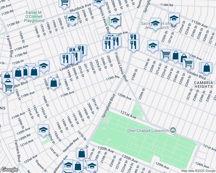 map of restaurants, bars, coffee shops, grocery stores, and more near 119-19 203rd Street in Queens
