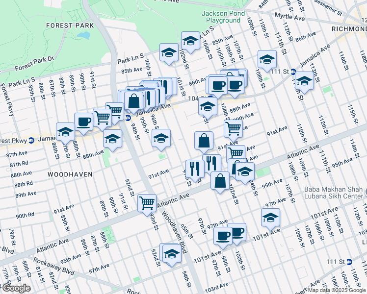 map of restaurants, bars, coffee shops, grocery stores, and more near 89-14 98th Street in Queens