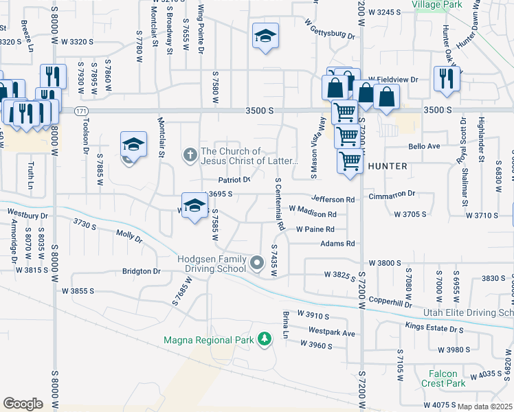 map of restaurants, bars, coffee shops, grocery stores, and more near 3705 Franklin Rd in Magna