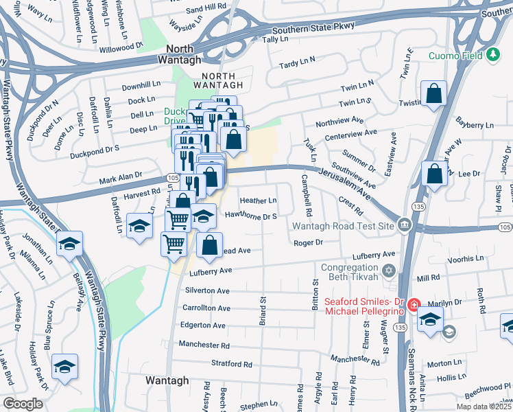 map of restaurants, bars, coffee shops, grocery stores, and more near 3442 Heather Lane in Wantagh